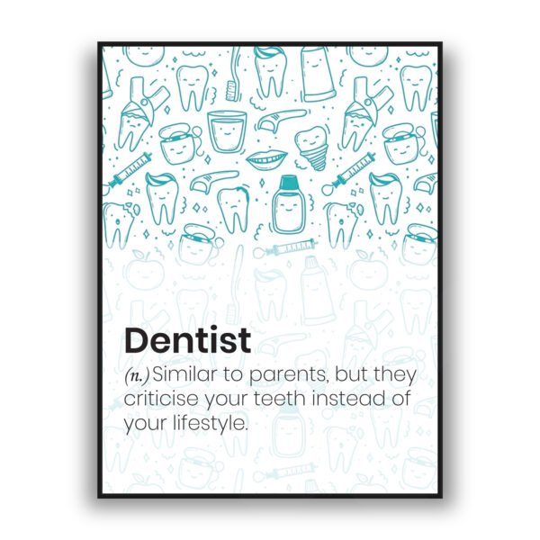 Humorous dentist definition wall art with teal dental illustrations background