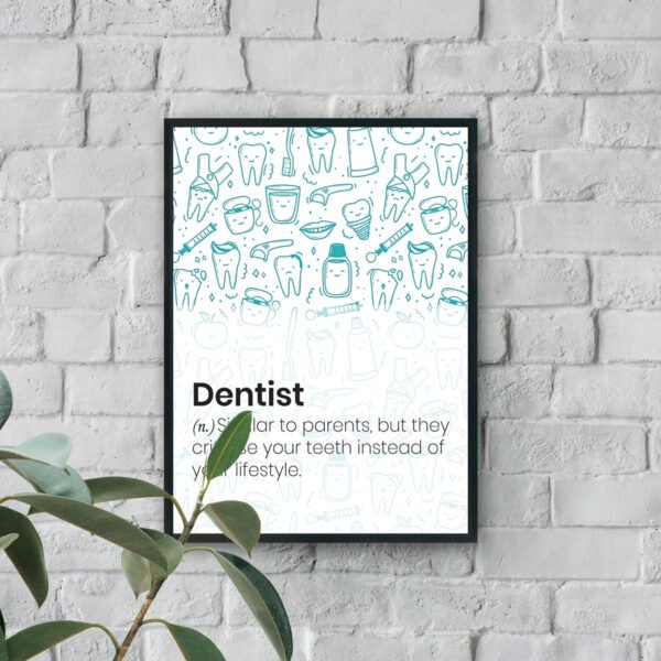 Humorous dentist definition wall art with teal dental illustrations background