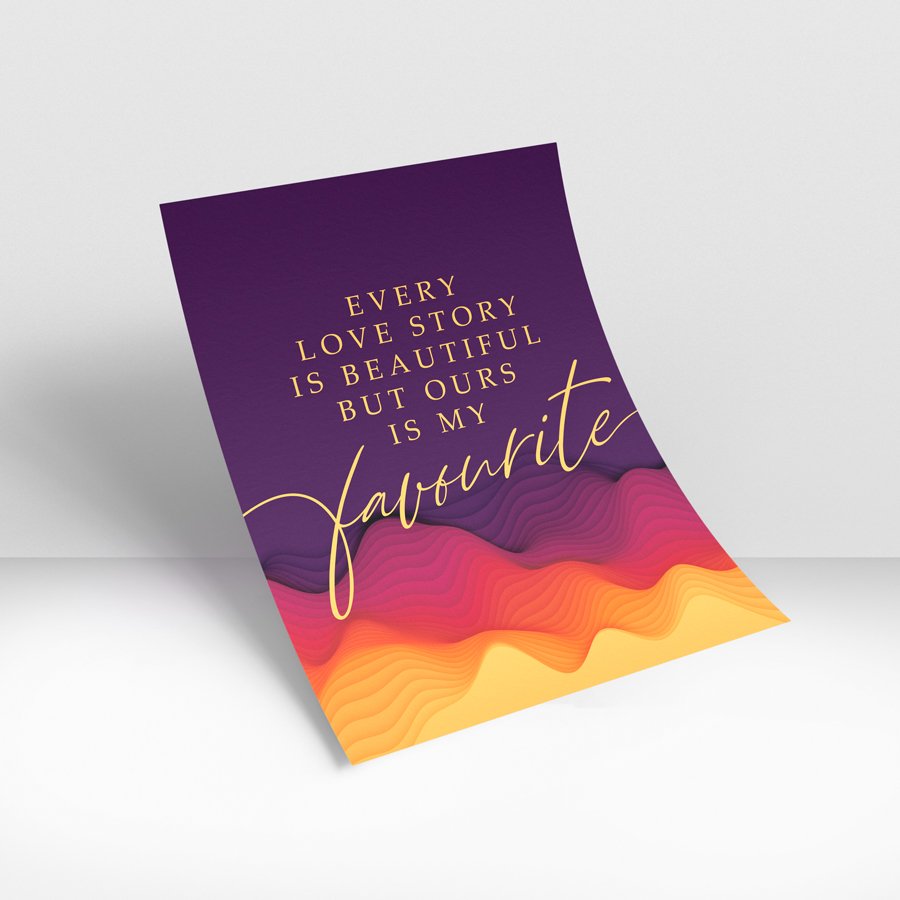 Romantic quote wall art with purple background and warm gradient waves saying every love story is beautiful but ours is my favorite