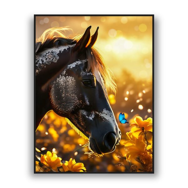Close-up of horse with blue butterfly among golden flowers at sunset luxury wall art