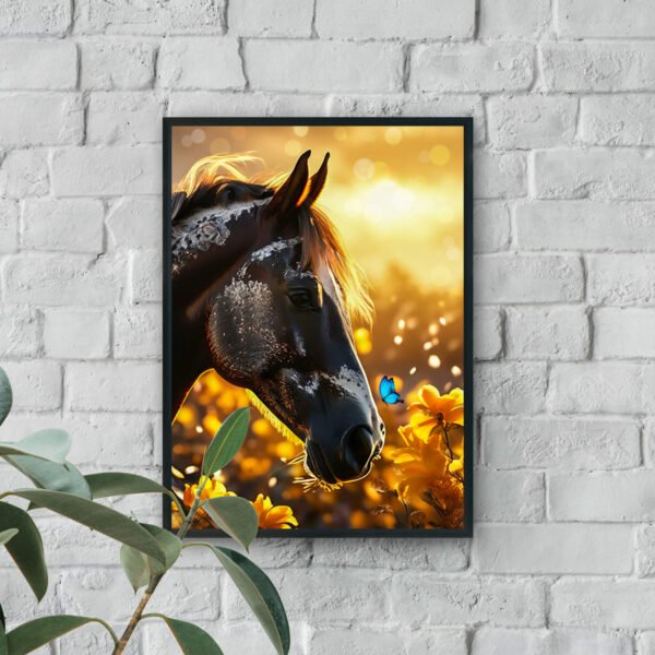 Close-up of horse with blue butterfly among golden flowers at sunset luxury wall art