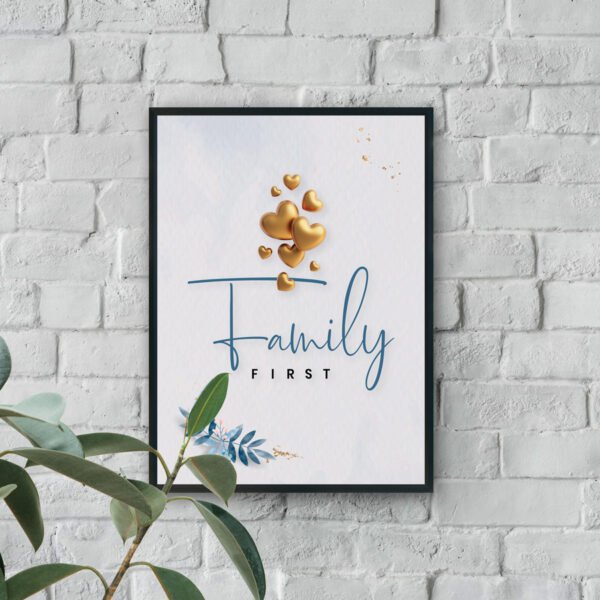 Family First quote wall art with gold hearts and botanical accents on neutral background