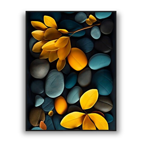 Abstract golden leaves over dark teal pebbles modern botanical luxury wall art