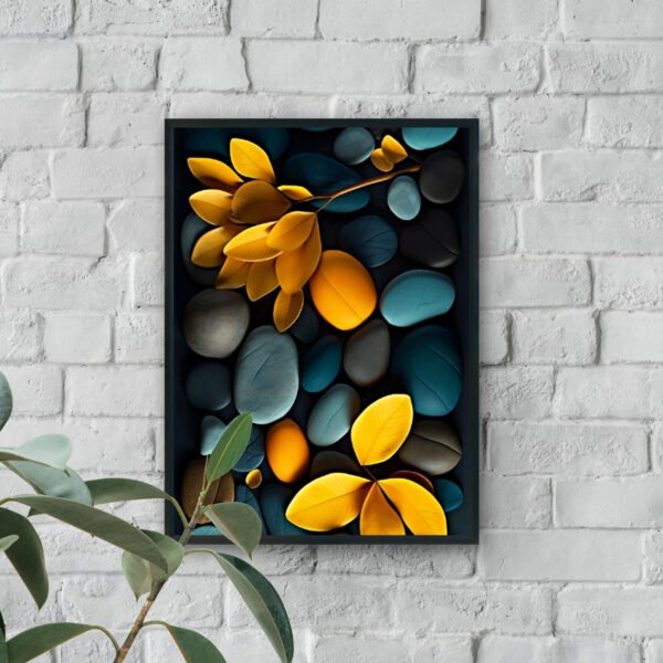 Abstract golden leaves over dark teal pebbles modern botanical luxury wall art