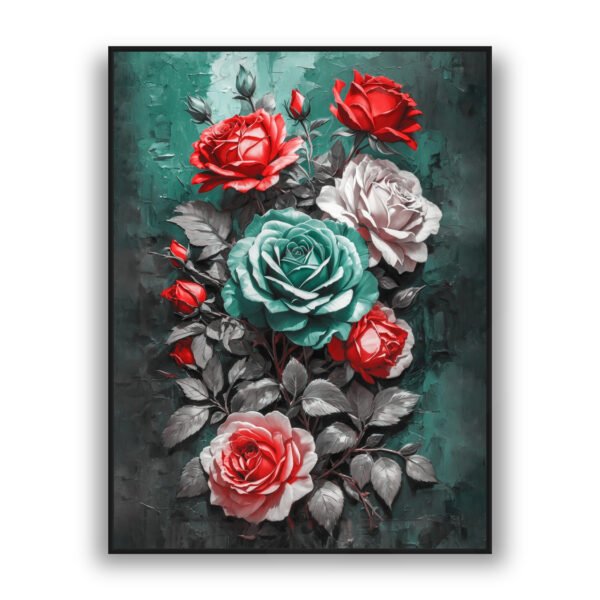 Modern bouquet wall art with red, ivory, and teal roses on a dark green textured background