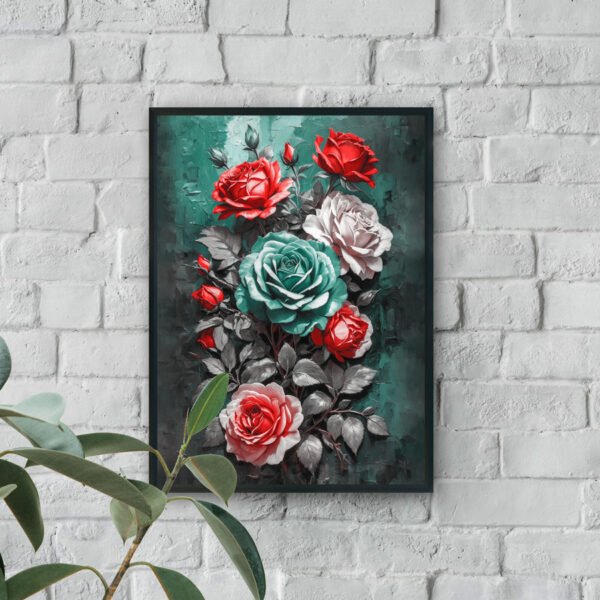 Modern bouquet wall art with red, ivory, and teal roses on a dark green textured background