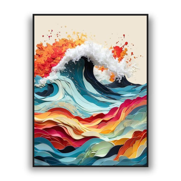 Abstract layered ocean wave artwork in teal, red, and golden colors with dynamic flowing design