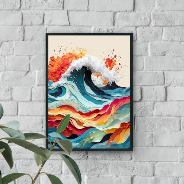 Abstract layered ocean wave artwork in teal, red, and golden colors with dynamic flowing design