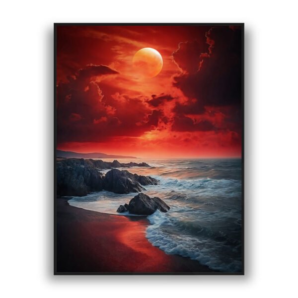 Dramatic red ocean sunset with full moon over rocky shoreline and crashing waves
