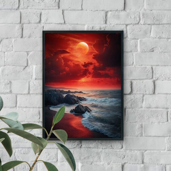 Dramatic red ocean sunset with full moon over rocky shoreline and crashing waves