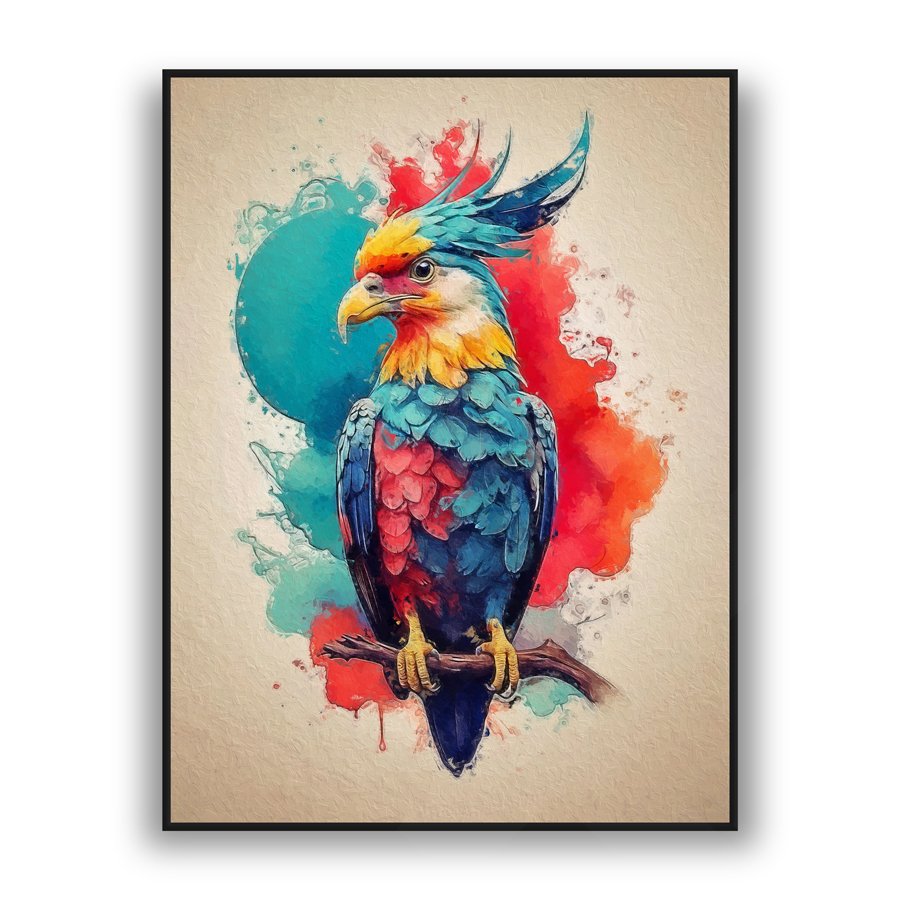Vibrant watercolor parrot artwork with blue and red feathers on textured canvas background