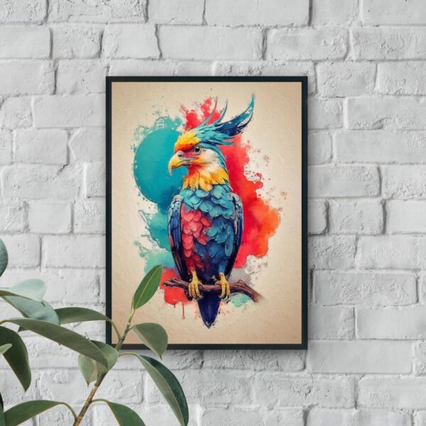 Vibrant watercolor parrot artwork with blue and red feathers on textured canvas background
