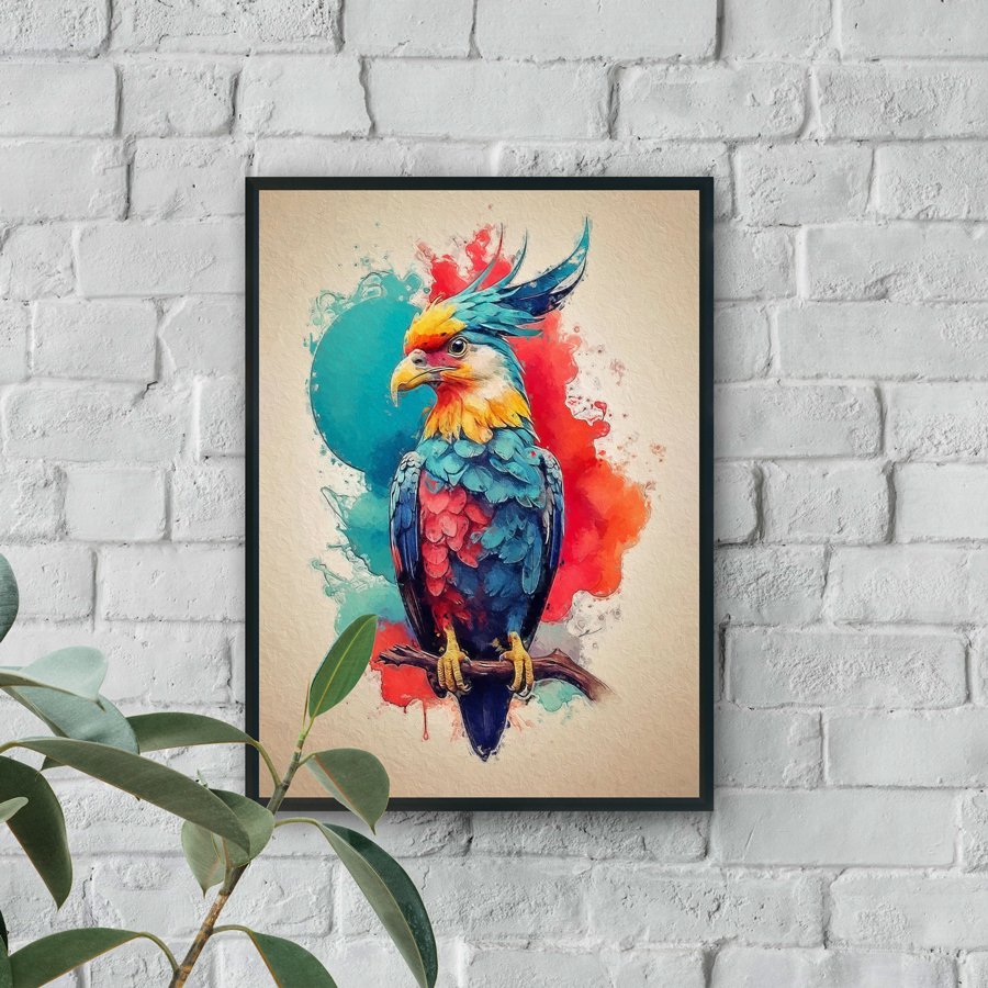 Vibrant watercolor parrot artwork with blue and red feathers on textured canvas background