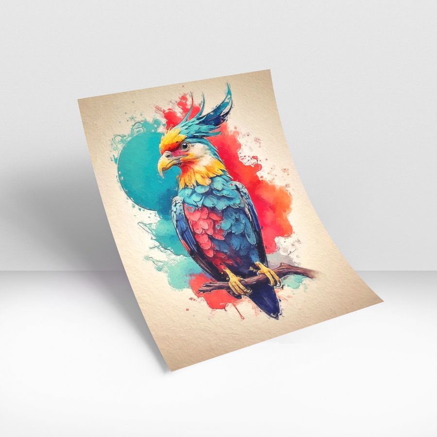 Vibrant watercolor parrot artwork with blue and red feathers on textured canvas background
