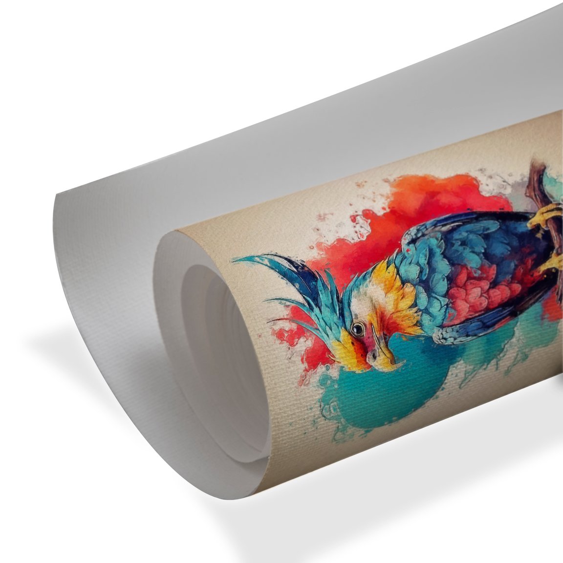 Vibrant watercolor parrot artwork with blue and red feathers on textured canvas background