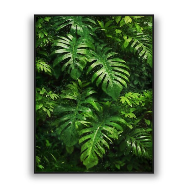 Tropical monstera leaves wall art in deep green tones with layered botanical texture