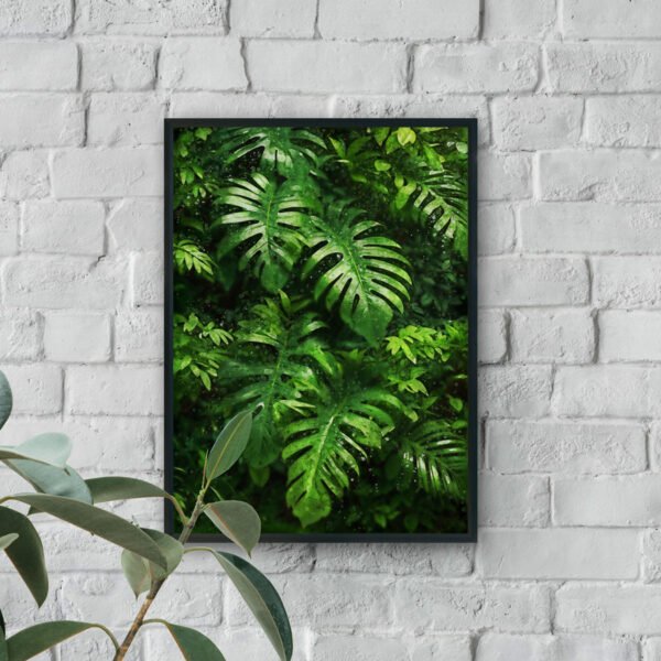 Tropical monstera leaves wall art in deep green tones with layered botanical texture