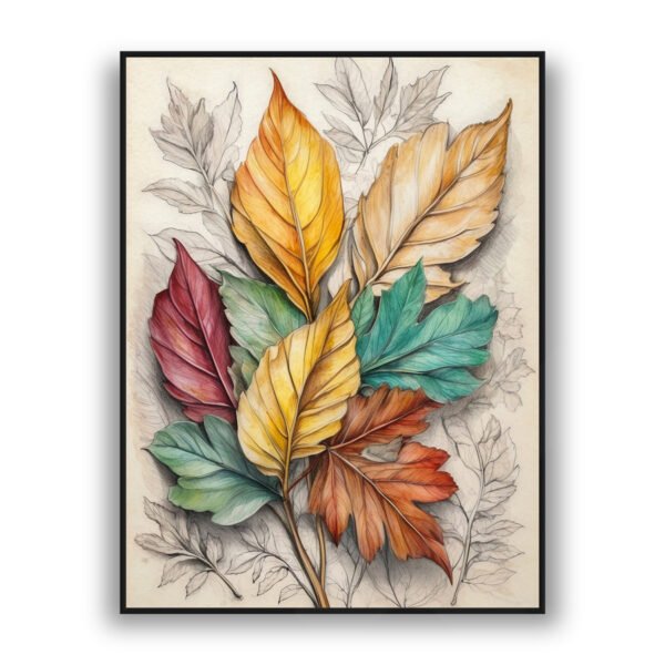 Botanical wall art with colorful autumn leaves in gold, burgundy, teal, and brown on textured background