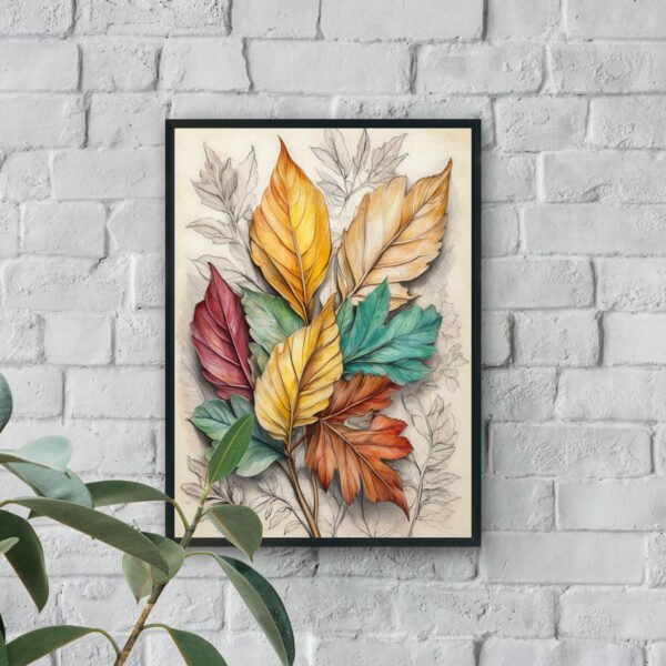 Botanical wall art with colorful autumn leaves in gold, burgundy, teal, and brown on textured background
