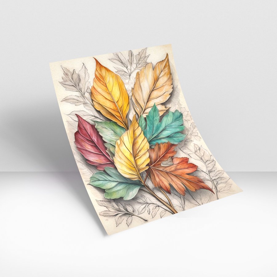Botanical wall art with colorful autumn leaves in gold, burgundy, teal, and brown on textured background