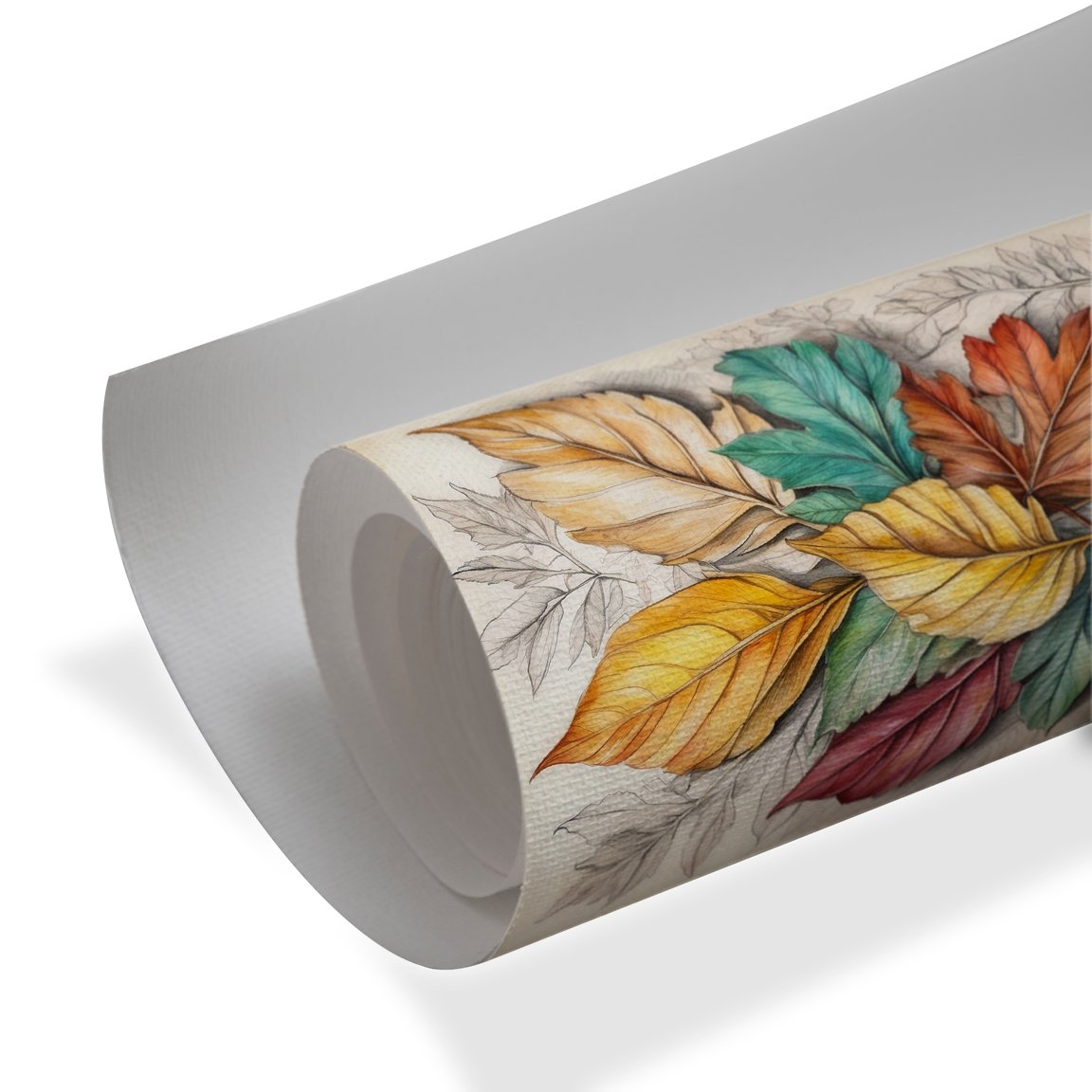 Botanical wall art with colorful autumn leaves in gold, burgundy, teal, and brown on textured background