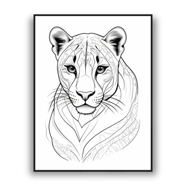Black and white minimalist line art illustration of a lioness with decorative patterns and detailed facial features.