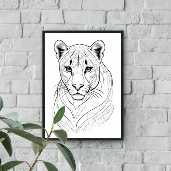 Black and white minimalist line art illustration of a lioness with decorative patterns and detailed facial features.