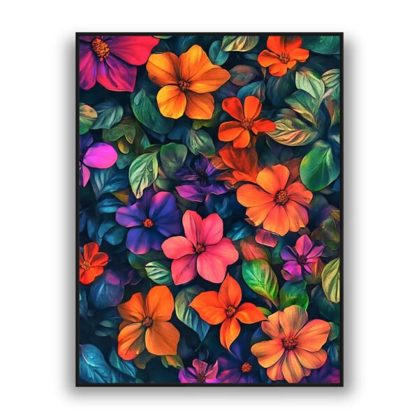 Colorful floral artwork with bright orange, pink, and purple flowers against deep green leaves.