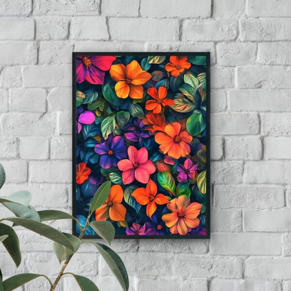 Colorful floral artwork with bright orange, pink, and purple flowers against deep green leaves.