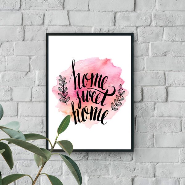 Home Sweet Home quote in black script lettering over soft pink watercolor background with simple leaf illustrations.