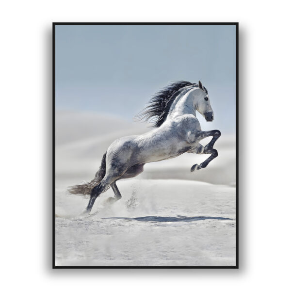 Luxury wall art featuring a rearing white horse in a soft minimalist landscape