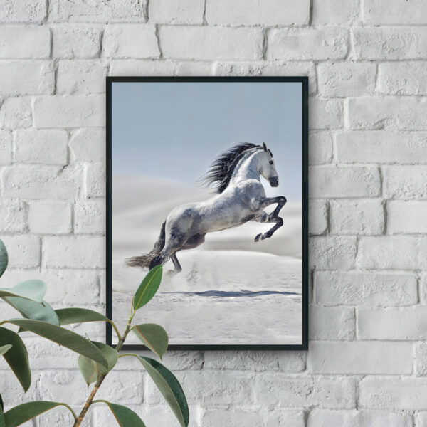 Luxury wall art featuring a rearing white horse in a soft minimalist landscape