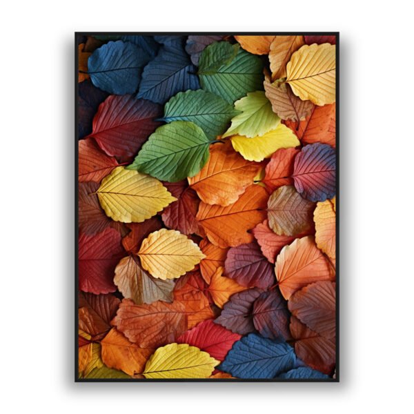 Colorful autumn leaves layered together in shades of red, orange, yellow, green, and blue.