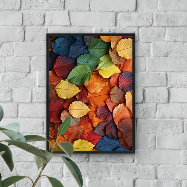 Colorful autumn leaves layered together in shades of red, orange, yellow, green, and blue.