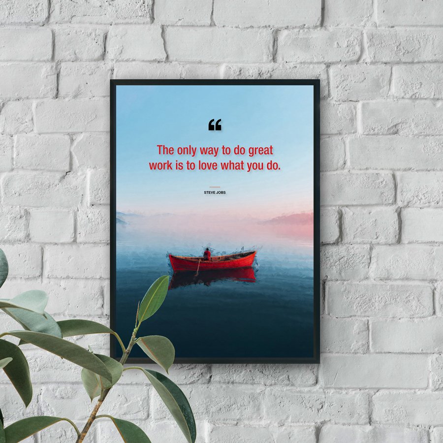 Inspirational quote by Steve Jobs above a calm lake scene with a red boat floating on still water.