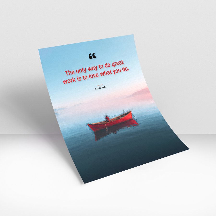 Inspirational quote by Steve Jobs above a calm lake scene with a red boat floating on still water.