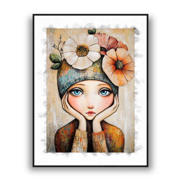 Illustrated girl with large blue eyes surrounded by soft flowers in a textured, hand-painted style.