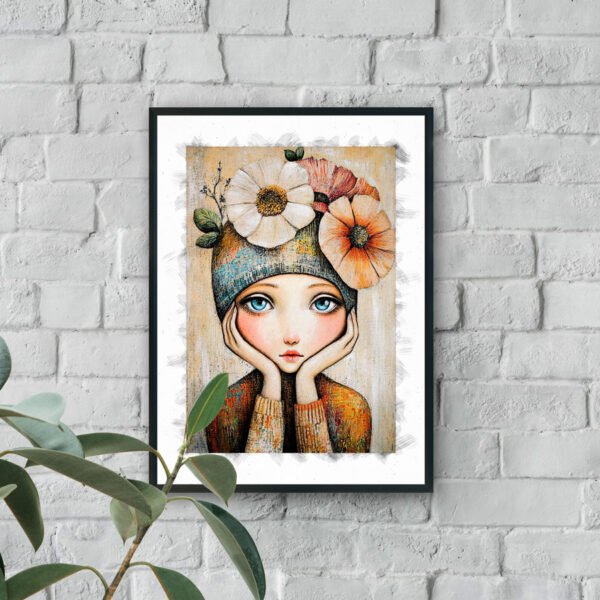 Illustrated girl with large blue eyes surrounded by soft flowers in a textured, hand-painted style.