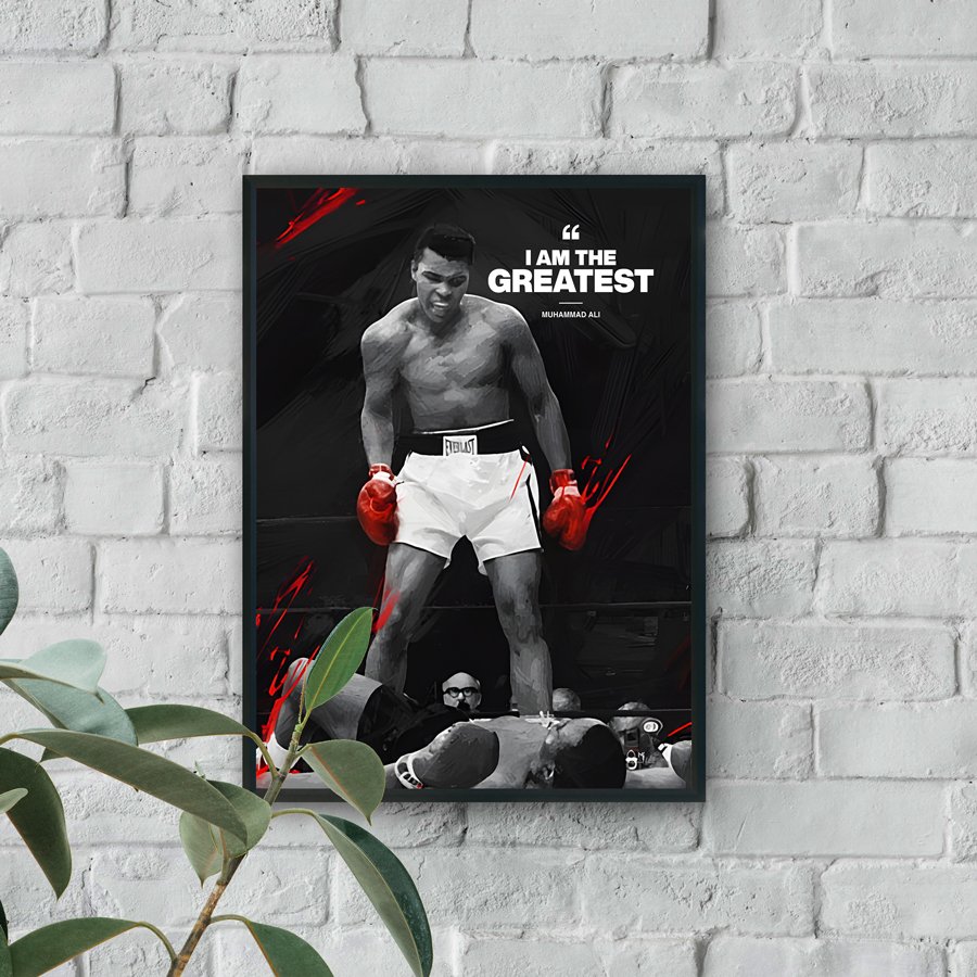 Black and white boxing artwork with red gloves featuring the quote “I Am The Greatest” by Muhammad Ali.
