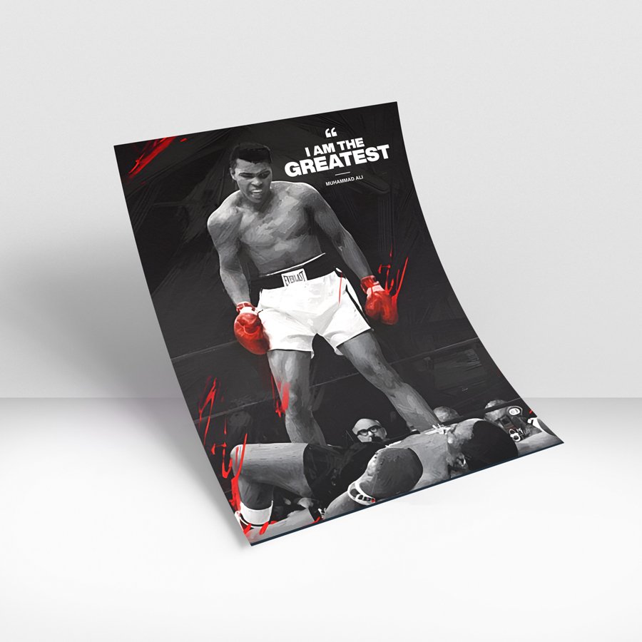Black and white boxing artwork with red gloves featuring the quote “I Am The Greatest” by Muhammad Ali.