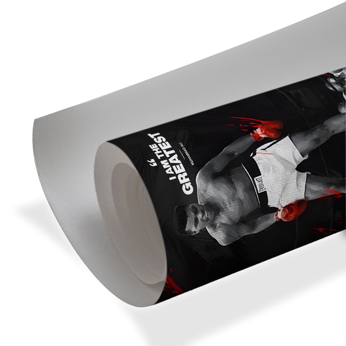 Black and white boxing artwork with red gloves featuring the quote “I Am The Greatest” by Muhammad Ali.