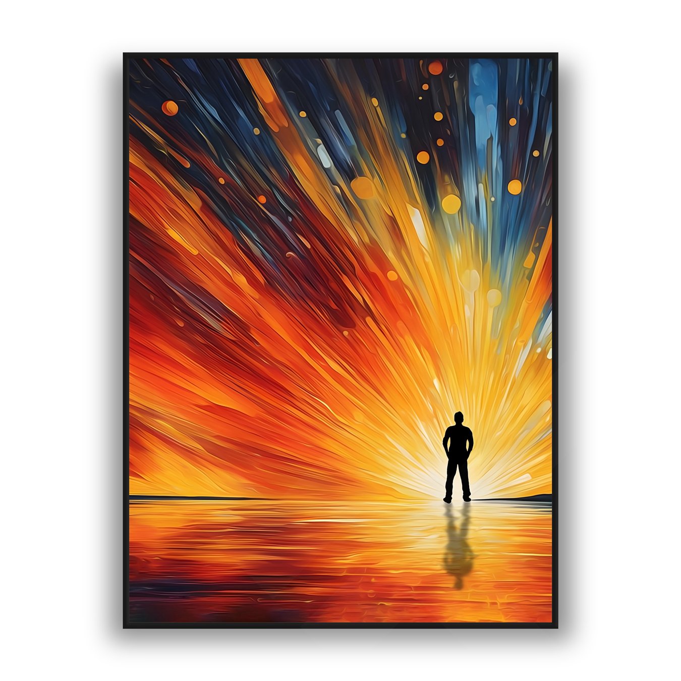 Silhouette of a person standing against a dramatic abstract sunrise with vibrant orange, yellow, and blue streaks reflected on water.