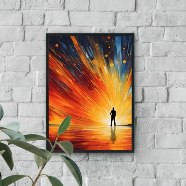 Silhouette of a person standing against a dramatic abstract sunrise with vibrant orange, yellow, and blue streaks reflected on water.