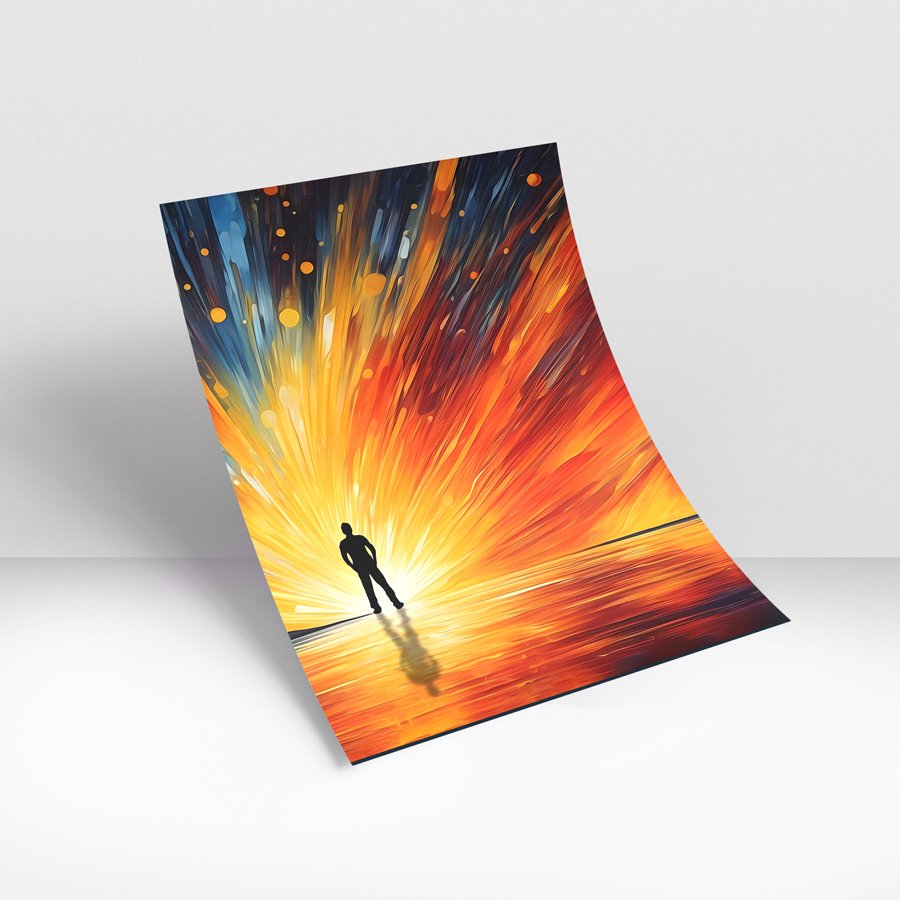 Silhouette of a person standing against a dramatic abstract sunrise with vibrant orange, yellow, and blue streaks reflected on water.