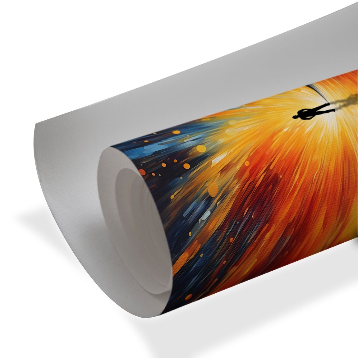 Silhouette of a person standing against a dramatic abstract sunrise with vibrant orange, yellow, and blue streaks reflected on water.