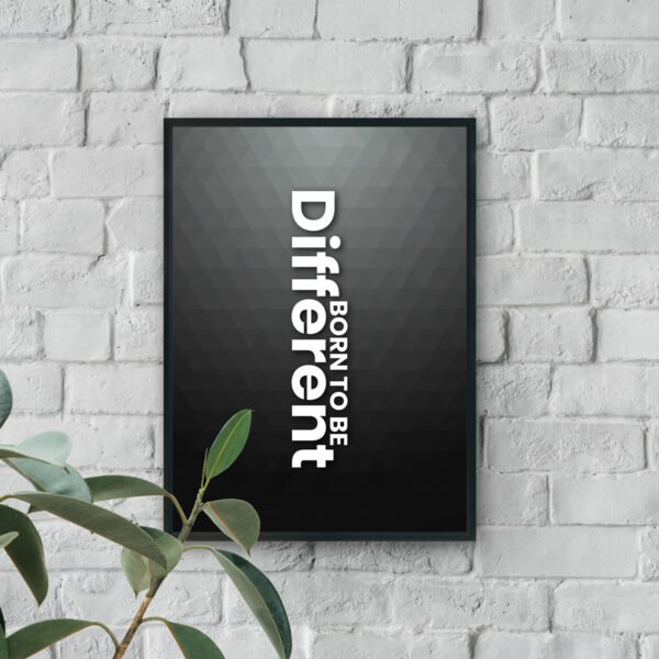 Vertical white text reading “Different – Born to Be” on a dark geometric gradient background.