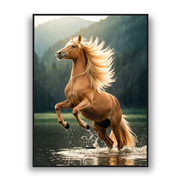 Golden horse rearing in water with flowing mane, luxury wall decor nature wall art
