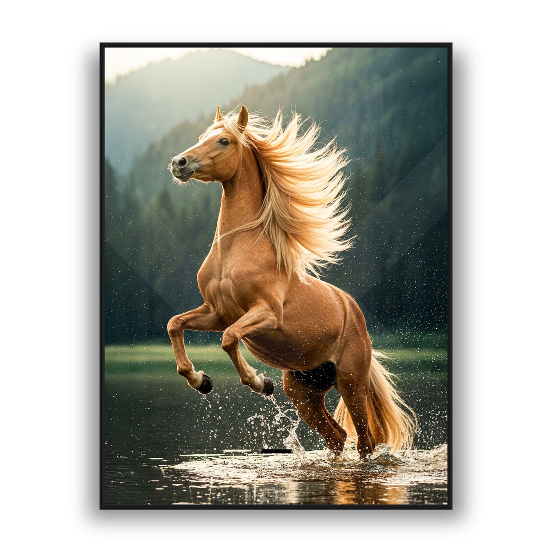 Golden horse rearing in water with flowing mane, luxury wall decor nature wall art