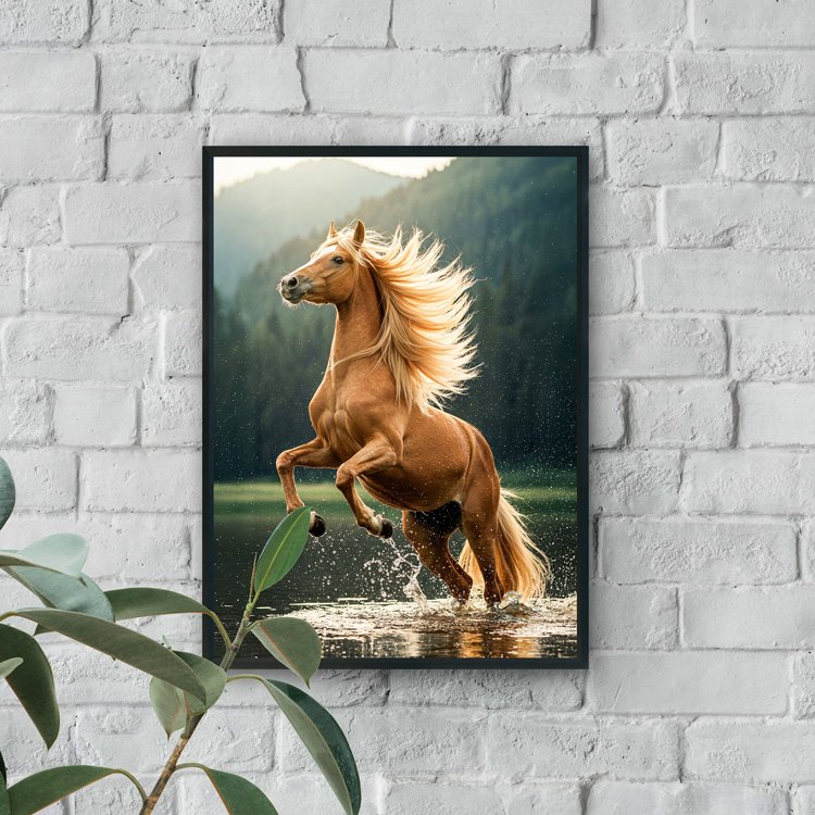 Golden horse rearing in water with flowing mane, luxury wall decor nature wall art