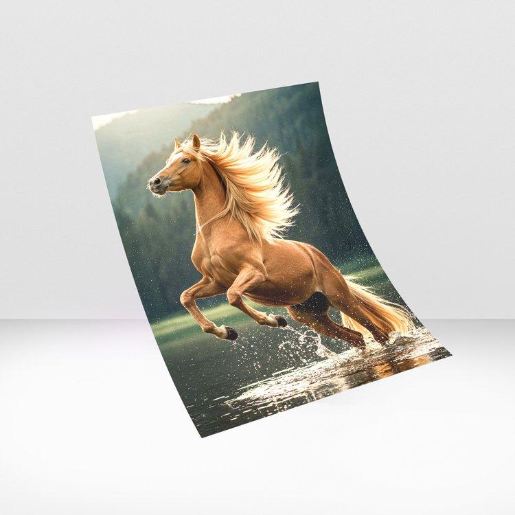 Golden horse rearing in water with flowing mane, luxury wall decor nature wall art